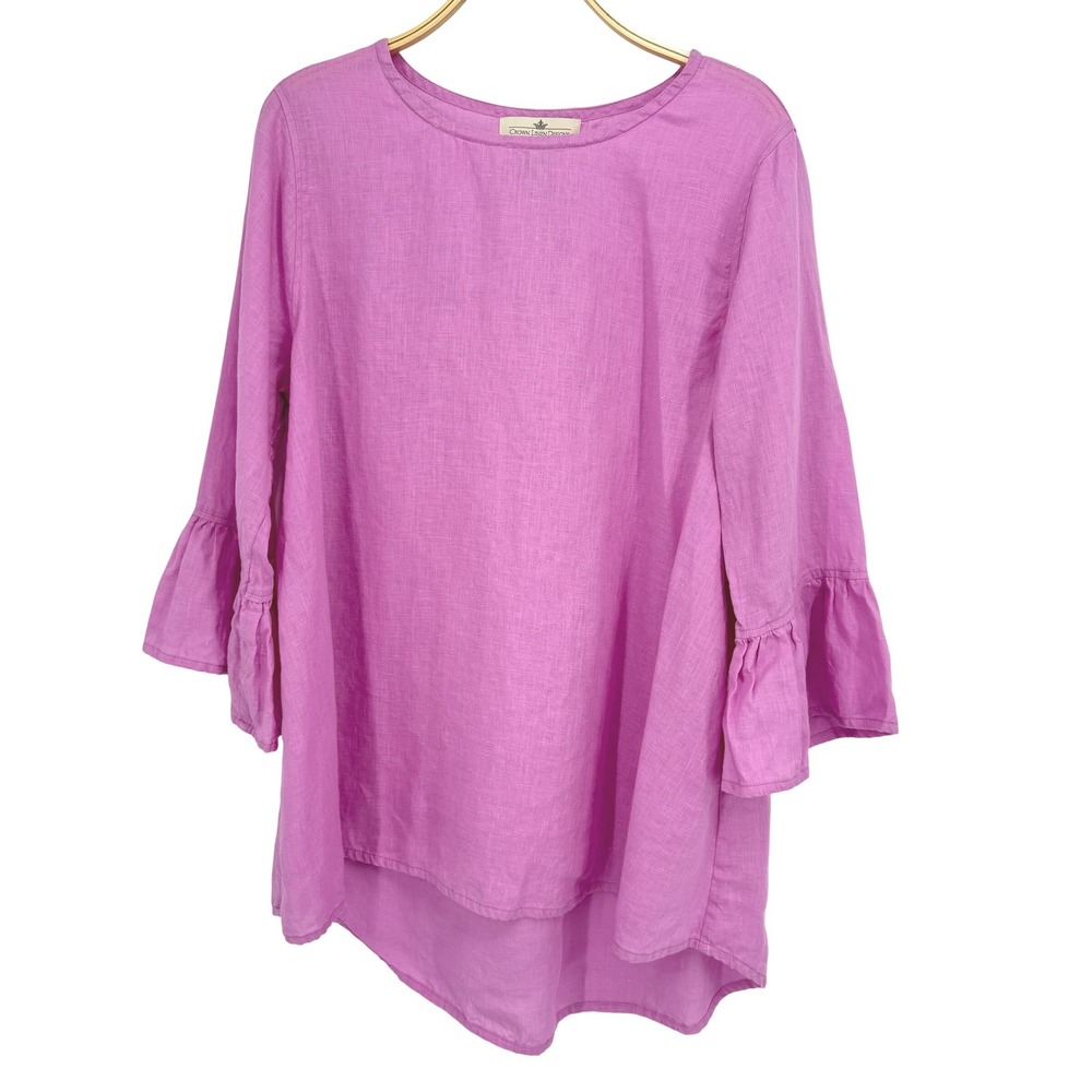 Crown Linen Designs‎ Tunic Women XL Pink Excellent Ruffle Bell Sleeve Blouse